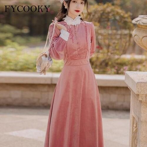 French Vintage Gold Velvet Dress Women Autumn Winter New Pink Elegant Long Dress Y2k Clothing Woman