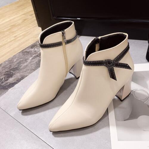 2020 7CM PU Comfortable Leather New Ankle Boots Rubber Bottom Female High Heels Thick Heels Sexy Business Black White B22-31