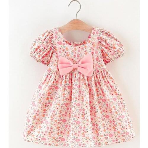 2021 Summer Baby Girls Dresses Casual Bow Floral Dress Childrens Puff Sleeve Princess Holiday Dress Kids Clothing 2-6y Vestidos