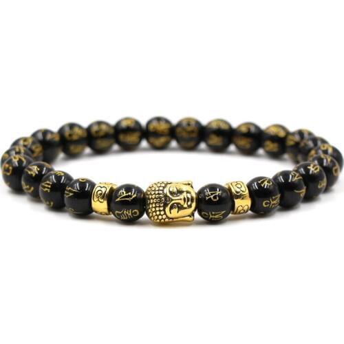 Natural Stone Buddha language Beads Bracelet Bangle Gold Buddha Head Elastic Bracelet for Men Women Classic Buddhist Gift
