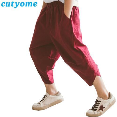 Cutyome Toddler Boys Harem Pants Summer Solid Linen Children Ankle-length Trousers Fashion Teenage Boys Sports Pants 8 10 12 14Y