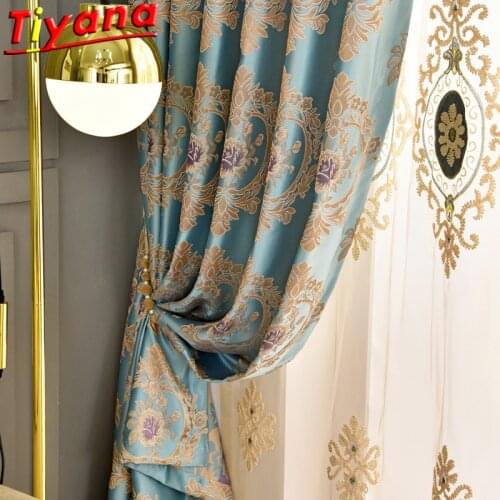 European Luxury Embroidery Curtains for Living Room High-end Blue Jacquard Flowers Window Drapes for Bedroom #VT