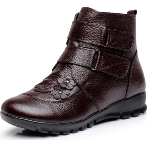 Hot87 Winter Genuine Split Leather Ladies Ankle Short Boots Soild Flat Flower Round Toe Plush Platform Women Shoes