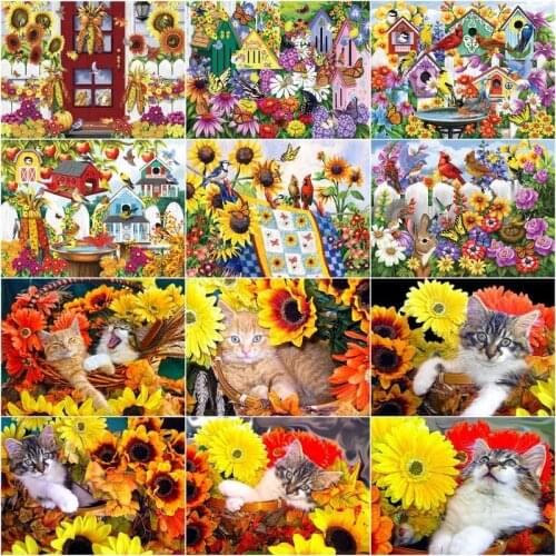 CHENISTORY Oil Painting By Numbers Sunflower Cat Animal Kit Drawing On Canvas Wall Art Painting Handpainted Diy Home Decoration