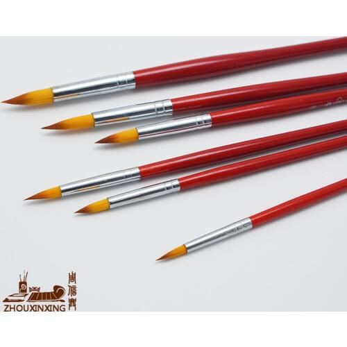 6pcs/Set,Round head Watercolor Gouache Painting Pen rwo color Nylon Hair Wooden red rod Paint Brush Set Drawing Art Supplies