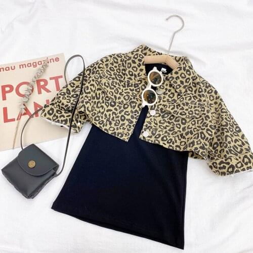 2021 Korea style girls 2 pcs set leopard coat+dress autumn cotton kids suit 1-7 years