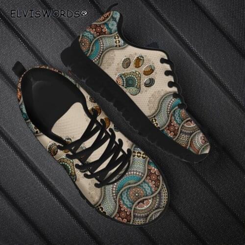 ELVISWORDS Bohemian Dog Footprints Prints Brand Design Sneaker Flats for Women Breathable Ladies Air Mesh Sneakers Flat-Shoes