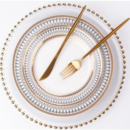 Bone China Dinner Plate Ceramic Round Gold Stroke Dishes Plates Nordic Pasta Dessert Tableware Household Rice Bowl Spoon Dish