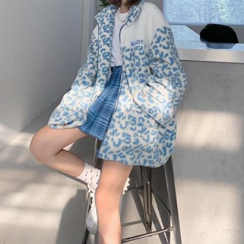 Hstar Faux Fur Woolen Warm Winter Women Jacket Plus Size Fuzzy Cute Jackets Milk Cow Leopard Print Turn-down Collar Coat