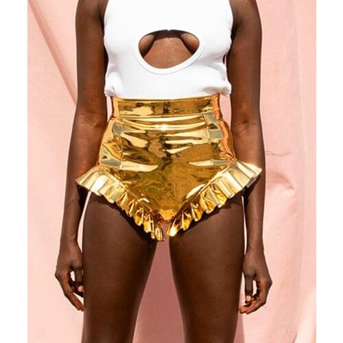 Summer Ruffle Solid Holiday Zipper PU Leather Shorts Women Streetwear High Waist Sexy Night Club Shorts Y2K