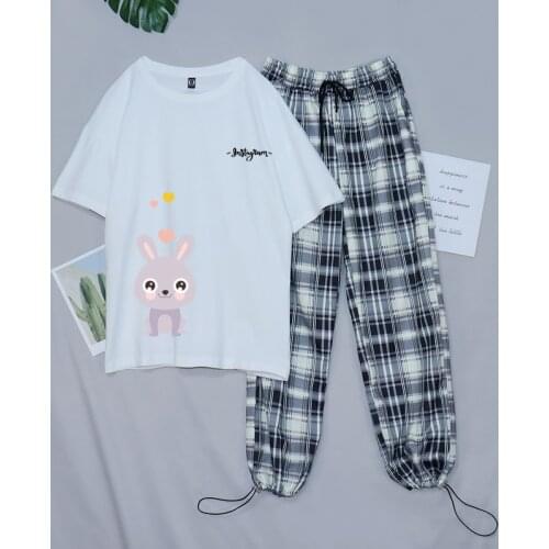 Bunny Pajama Sets Sleepwear Plaid Pants Set Pizama Damska Casual Two Piece Outfits for Women Cute Nightgown Female Korean Tshirt
