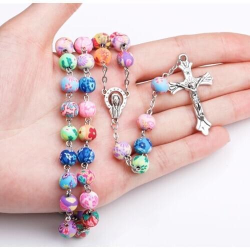 Polymer Clay 8mm Round Beads Catholic Rosary Necklace for Women Cross Pendant Virgin Mary Christian Religious Necklaces mom Gift