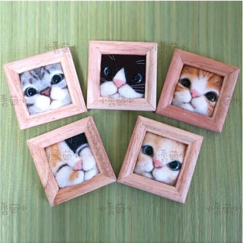 Frame kitty cat head ornament Zakka solid wood photo frame wool needlepoint kit wool felt needle felting decoration craft needl