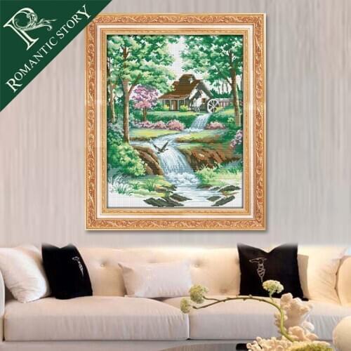 Romantic Story Forest Cottage Near Creek Painting Cross Stitch Handmake Needlework DMC Cross-Stitch Sets For Embroidery Kits