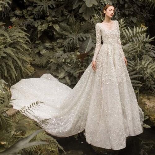 Luxury Sequins Lace Wedding Dresses Long Sleeve A-Line Beading Vintage Wedding Gown Elegant Square Collar Princess Bride Dress