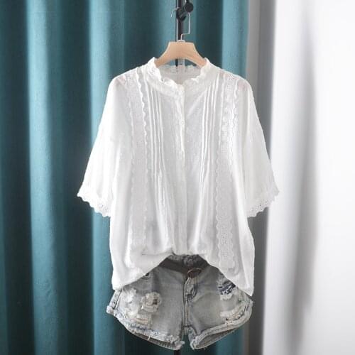 Lamtrip Stand Collar Polka Dots Print Lacing Stitch White Mori Girl Shirt Half Sleeve Blouse