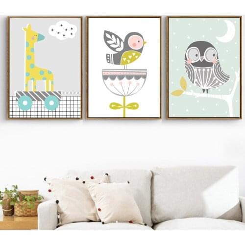 Nordic Poster Cartoon giraffe Bird Flower Wall Art Canvas Posters And Prints Canvas Painting Wall Pictures For Kids Room Decor