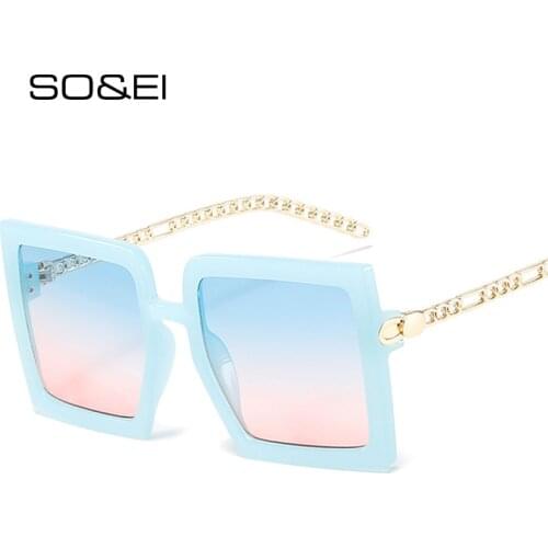 SO&EI Fashion Oversized Square Women Sunglasses Retro Brand Designer Metal Chain Eyewear Men Gradient Shades UV400 Sun Glasses