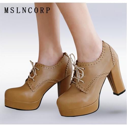 Plus Size 34-43 Spring Autumn Fashion Women Pumps Platform Thick High Heels Single Shoes Lace up Lace Ladies Female Casual Shoes