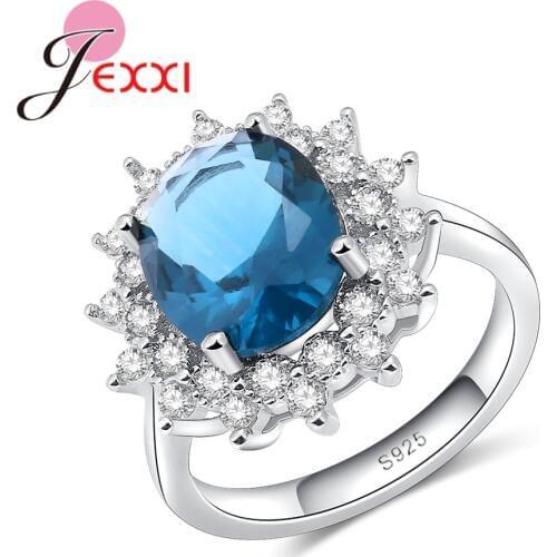 Top Quality OL Elegant Blue Crystal 925 Sterling Silver Ring Cocktail Party Band Ring For Charming Mature Women