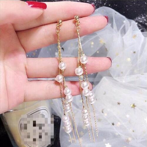 Silver Needle Korean Fashion Lady Sweet Imitation Pearl Tassel Long Earrings For Women 2019 Luxury Earrings Crystal Earrings
