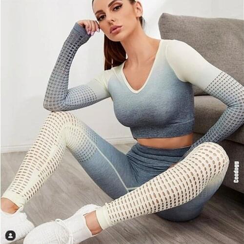 Winter Seamless Long Sleeve Crop Top Sport Bra Shirts Yoga Pants Fitness Gym Workout Sport Yoga Set Tracksuit