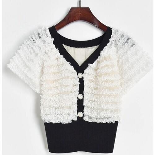 Womens sweater 2020 summer women sexy runway ruched ruffles mesh patchwork sweaters Korean knitted pullover short tops JC367