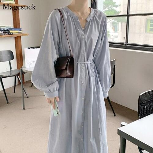 Loose Single-Breasted Shirt Dress Women Autumn Long Sleeve V Neck Long Dress Casual Solid Elegant Cotton Lady Dresses Robe 15819
