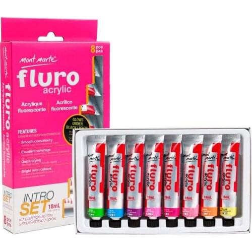 18ml Premium Satin Fluoro Metallic Acrylic Intro Set, 8pcs Tubes, Semi-Matte Finish,for Most Surfaces Canvas, Card, Paper, Wood