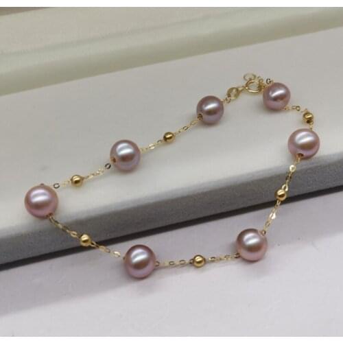 18K Gold Chain Bracelet Round Pearl Womens Wedding Jewelry 6-7mm purple