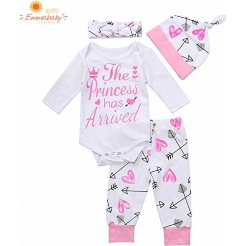 2020 Newborn Girl Clothing Cotton 4PCS Outfit Infant Baby Bodysuit Autumn Girls Clothes Set Long Sleeve Letter Jumpsuit Pants