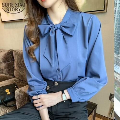 Blue Latern Long Sleeve Single-breasted BLUSAS Bow V Collar Ladys Shirt Autumn 2021 New Style Top Chiffon Blouse OL Style 10693