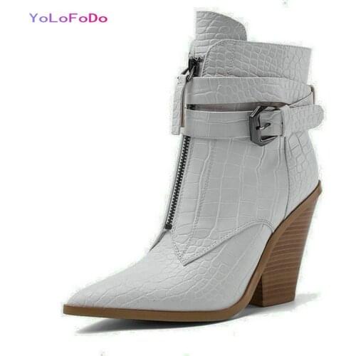 2021 Autumn Winter Women Western Boots Faux Leather Wedges High Heel Ladies Ankle Boots High Quality Pointed Toe Womans Shoes