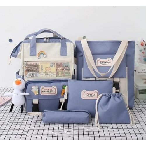 5Pcs/set Nylon School Backpacks Women Lovely Daypack for Teenage Girls Bookbags Students Travel Shoulder Bag