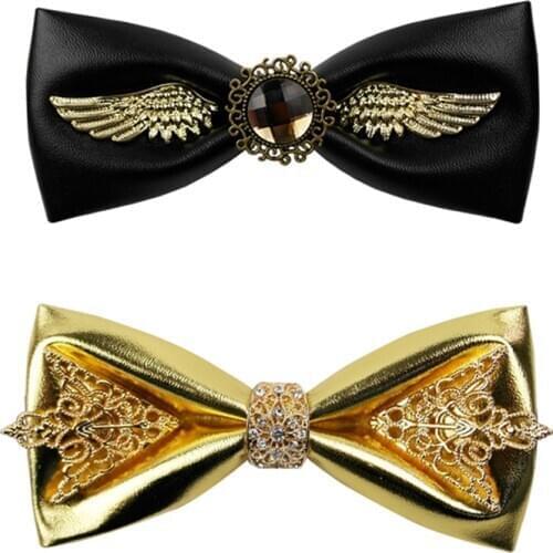 Brand New Luxury Mens Bow Ties for Wedding High Quality PU Leather Metal Golden Bowtie Club Banquet Butterfly Tie with Gift Box