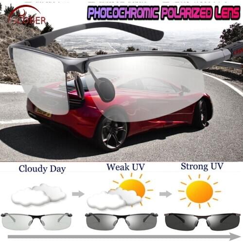 SCOBER = AL-mg alloy Men Photochromic Polarized Sunglasses Rimless Frame UV Polaroid Sports Driving Outdoor Designer Sun Glasses