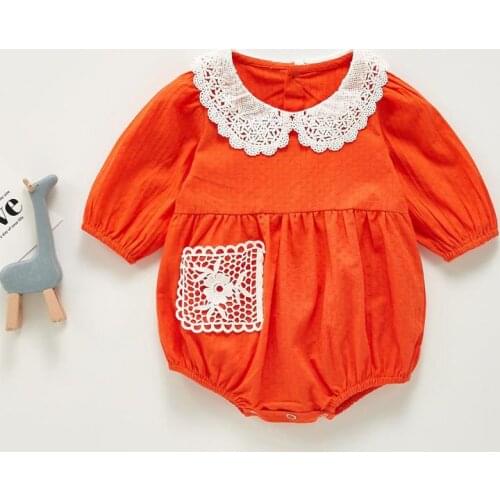 2021 Autumn New Baby Girl Bodysuit Long Sleeve Girls Clothes White Lace Collar Jumpsuit With Lace Pocket Cute Toddler Outfits