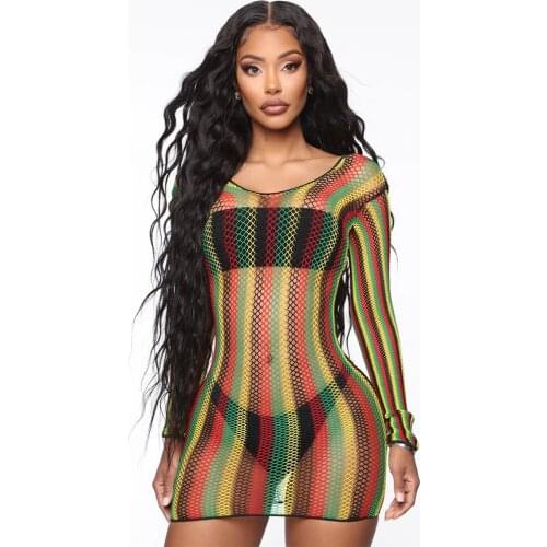 Sexy Striped Long Sleeve Dress Swimwear See Through Net Cover-ups 2021 Summer Boho Sundresses Beach Clothing Club Party Wear