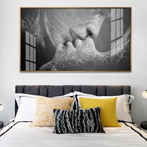 Kissing Couple Romantic Love Poster Abstract Canvas Painting Black and White Wall Art Pictures Print for Bedroom Home Decoration