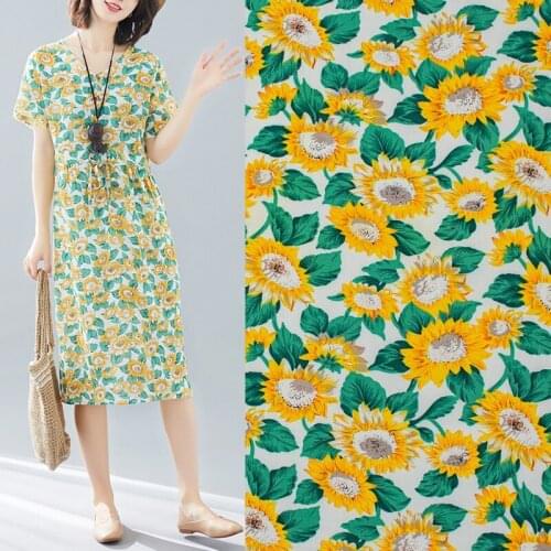 Sunflowers On White Cotton Fabric For Dress Tissus Au MÈTre Telas Algodon Estampadas Sewing Ткань Для Шитья Vestidos Tissu Tela