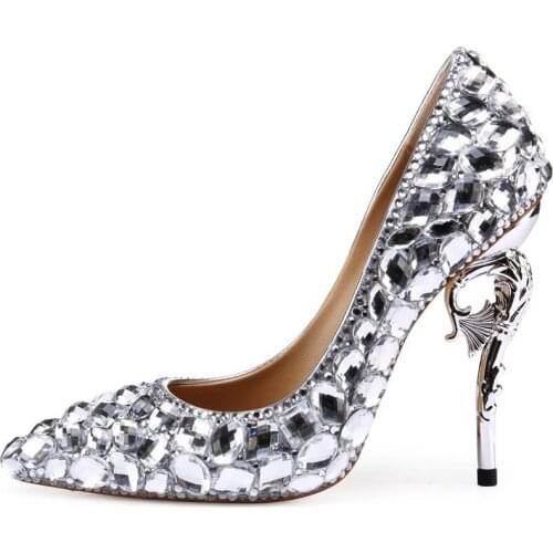 Handmade Wedding Shoes Pumps High Heels Party Pointed Toe Lady Shoes Genuine Leather Thin Heels Crystal Shoes For Brides Ladies