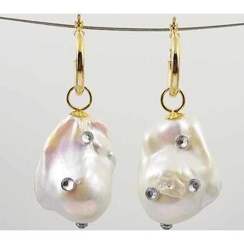 Unique Baroque Pearl Jewelry White Color 18-20MM Huge Size Keshi Pearl 3MM Crystal Beads Gold Hook Dangle Earrings Ladys Gift