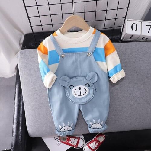 Spring Autumn Toddler Baby Boys Girls Clothing Set New Casual Cute Kids Striped Tops+Rompers with Cartoon Bag 1 2 3 4 5 Years