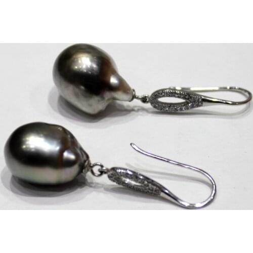 YINANYIMEI Beautiful Black -Gray Tahiti Pearl Silver Ear Hook 13x18mm-14x19mm