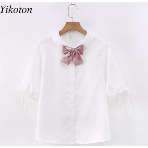 New 2021Womens Top Blouses and Shirt Summer College Style JK Uniform Bow Tie Solid White Short Sleeve Doll Collar Chiffon Shirt