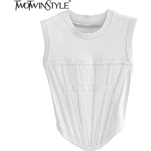 TWOTWINSTYLE White Minimalist Patchwork T-shirt Female Round Neck Sleeveless Korean Fashion Slim Solid T-shirts For Women Summer