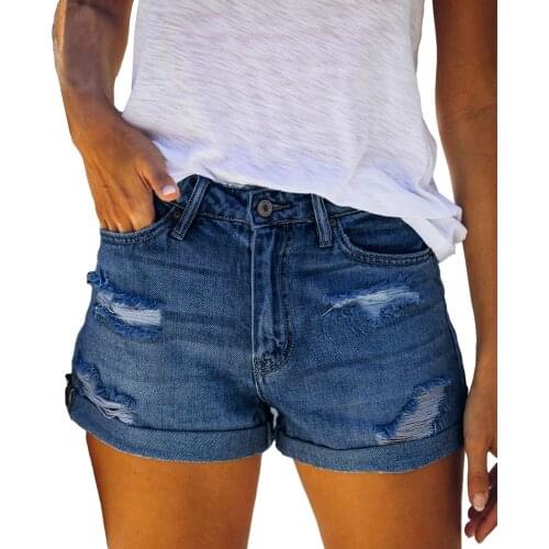 Womens Casual Denim Shorts Elastic Mid-waist Hem Hole Blue Denim Summer Shorts Folded Hem Hot Shorts