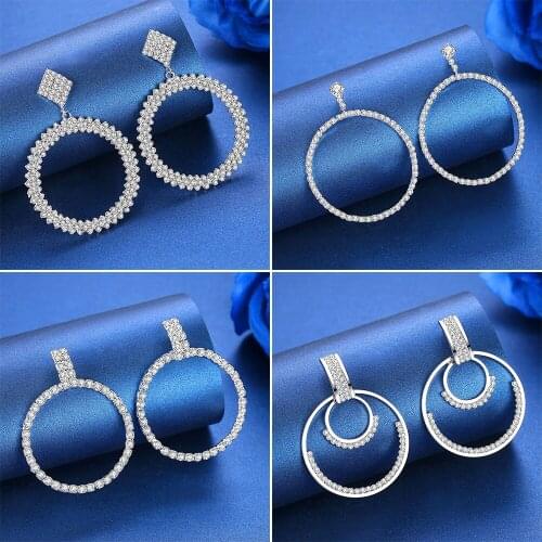 Minlover Silver Color Circle Drop Earrings for Women Rhinestone Dangle Round Bride Wedding Earrings 2019 Fashion Jewelry MEH1357