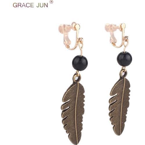 GRACE JUN Handmade Black Color Simulated Pearl Clip on Earrings No Pierced for Women Fashion Vintage Style Leaf Cuff Earrings