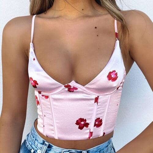 Unaiza Staghetti V Neck Satin Corset Top With Straps 2021 Summer Floral Print Clothes Blue Sleeveless Club Women Crop Tops